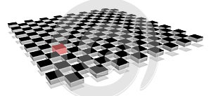 Red cube standing out from crowd on 3d checkerboard plane.