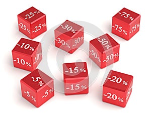 Red cubes with different discounts for sale. Figures with percentages