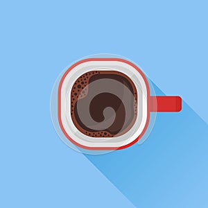 Red cup with black coffee flat icon. Top view. Vector illustration.