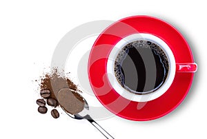 red cup of black coffee and instant coffee powder