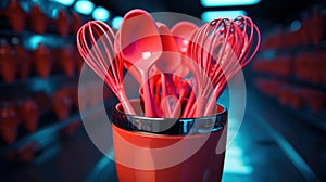 A red cup with a bunch of whisks in it sitting on top, AI