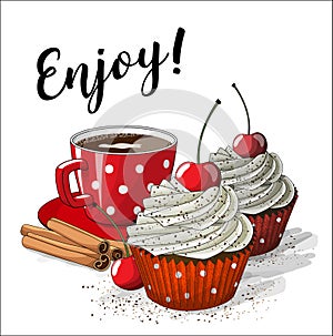 Red cup of coffe with two cupcakes and four cinnamon sticks, illustration
