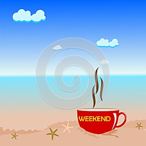 Red cup of coffee on beach, relax weekend