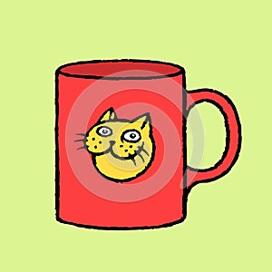 Red cup of coffee with a cat sticker. Vector illustration.