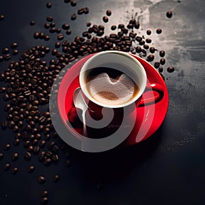 Red cup of coffee and coffee beans