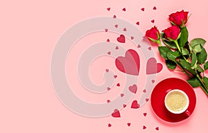 Red cup of coffee, roses and hearts on pink background. Mother's, women's or Valentine's day celebration. Love and