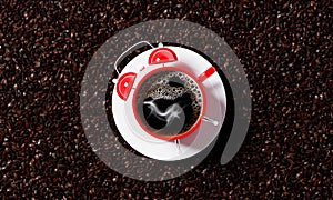 Cup of coffee in the shape of an alarm clock, 3d render