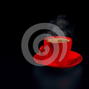 Red cup of hot black coffee with steam on black background. Low key. Copy space. Coffee break time