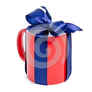 Red cup mug with blue ribbon bow gift