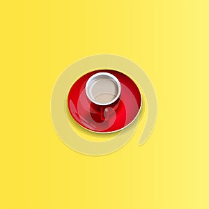 Red cup and saucer with tasty coffee on a yellow background