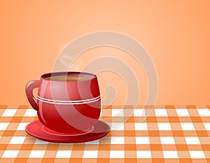 Red Cup of Steaming hot Coffee on Check Table