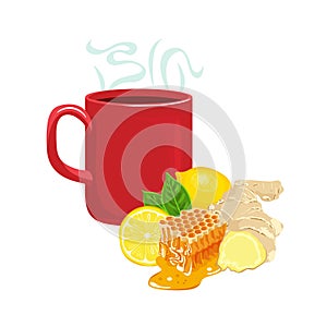 Red cup with steaming hot tea. Ginger drink with honey and lemon.