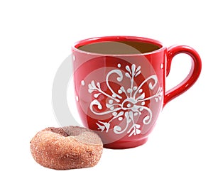 Red cup with sugar donut