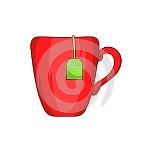 Red cup with tea bag icon, cartoon style