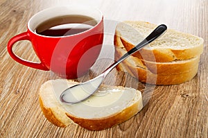 Red cup with tea, spoon on sandwich with condensed milk, slices of bread on wooden table