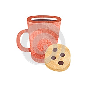 Red cup of tea and sweet cookie. Mug of fresh coffee. Tasty snack and beverage for breakfast. Flat vector icon with