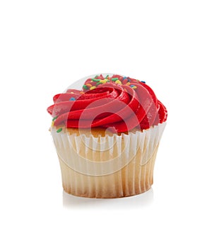 Red Cupcake with sprinkles on white