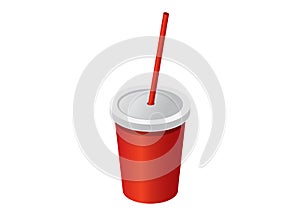 Red cups with straws for soda, juice or cold beverage Isolated on white background