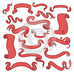 Red curled ribbons, set of vintage design elements. Vector illustration