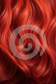 Red curly hair texture, brightly red healthy wavy female hair