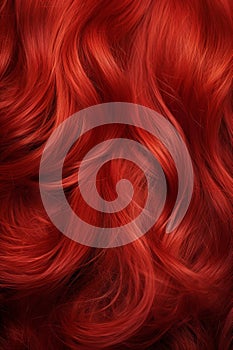 Red curly long hair texture close-up, brightly red healthy wavy female hair