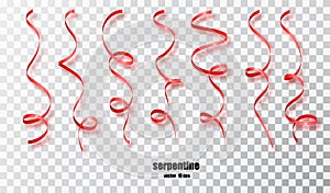 Red curly ribbon serpentine confetti. Red streamers set on transparent background. Colorful design decoration party