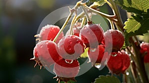 Red currant berries on a branch with green leaves in the garden