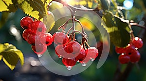 Red currant berries on a branch with water drops close-up