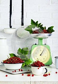 Red currant berries in a cup and bowl