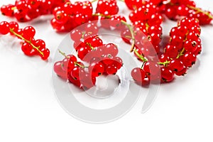 Red currant berries isolated on white background. Fresh and juicy organic redcurrant berry