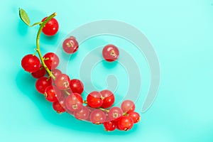 Red currant berries on turquoise background, top view. Fresh and juicy organic redcurrant berry