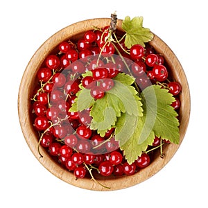 Red currant berries in wooden bowl isolated on white background