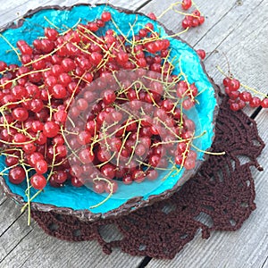 Red currant berry in a blue plate, photo in country style