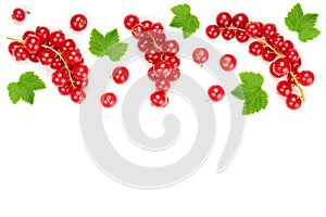 Red currant berry with leaf isolated on white background with copy space for your text. Top view. Flat lay pattern