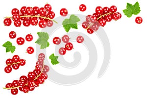 Red currant berry with leaf isolated on white background with copy space for your text. Top view. Flat lay pattern