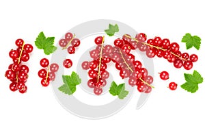 Red currant berry with leaf isolated on white background with copy space for your text. Top view. Flat lay pattern