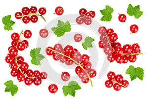 Red currant berry with leaf isolated on white background. Top view. Flat lay pattern