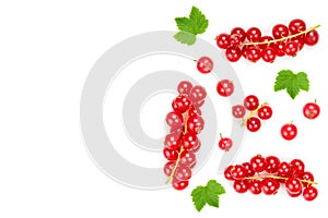 Red currant berry with leaf isolated on white background. Top view. Flat lay pattern