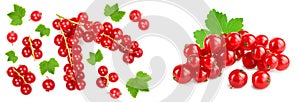 Red currant berry with leaf isolated on white background. Top view. Flat lay pattern