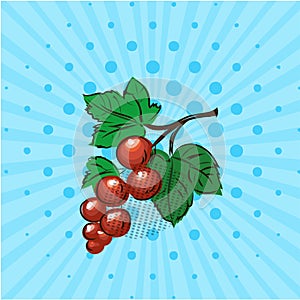 Red currant on a blue background,line,dots. Vector illustration. Hand drawn on style pop art