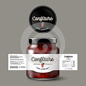 Red Currant confiture. Sweet food. White label with berries and letters. Mock up of glass jar with label.