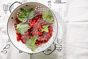 Red currant with leaves in a white colander on a white background