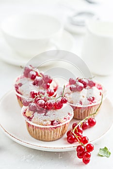 Red currant muffins with fresh berries and powdered sugar