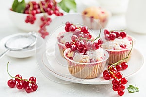 Red currant muffins with fresh berries and powdered sugar