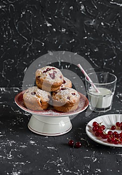 Red currant muffins and a glass of milk on a dark background. Delicious summer dessert.