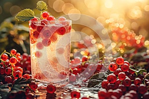 A red currant spritzer stands on the table in a glass glass.