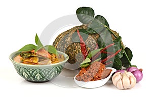 Red Curry with Pork and Pumpkin and Ingredient: Pumpkin, pork slice, Chili paste,. Basil, Thai Basil, Lemon Leaf, Kaffir lime leaf