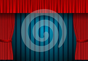 Red curtain on blue vintage background. Design for presentation, concert, show