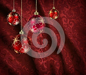 Red curtain christmas balls
