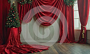 A red curtain with a christmas tree in a stand in the middle of the room.